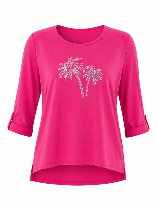 Tops - Pink Palm Tree Rhinestone Top 3/4 Sleeve Lightweight Casual Blouse Size 2x